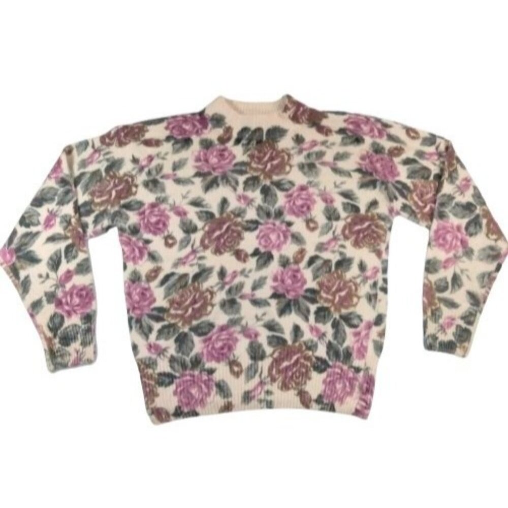 Vtg 90s Floral Angora Silk Lambs Wool Cottage Rose Prairie Grandma Sweater M